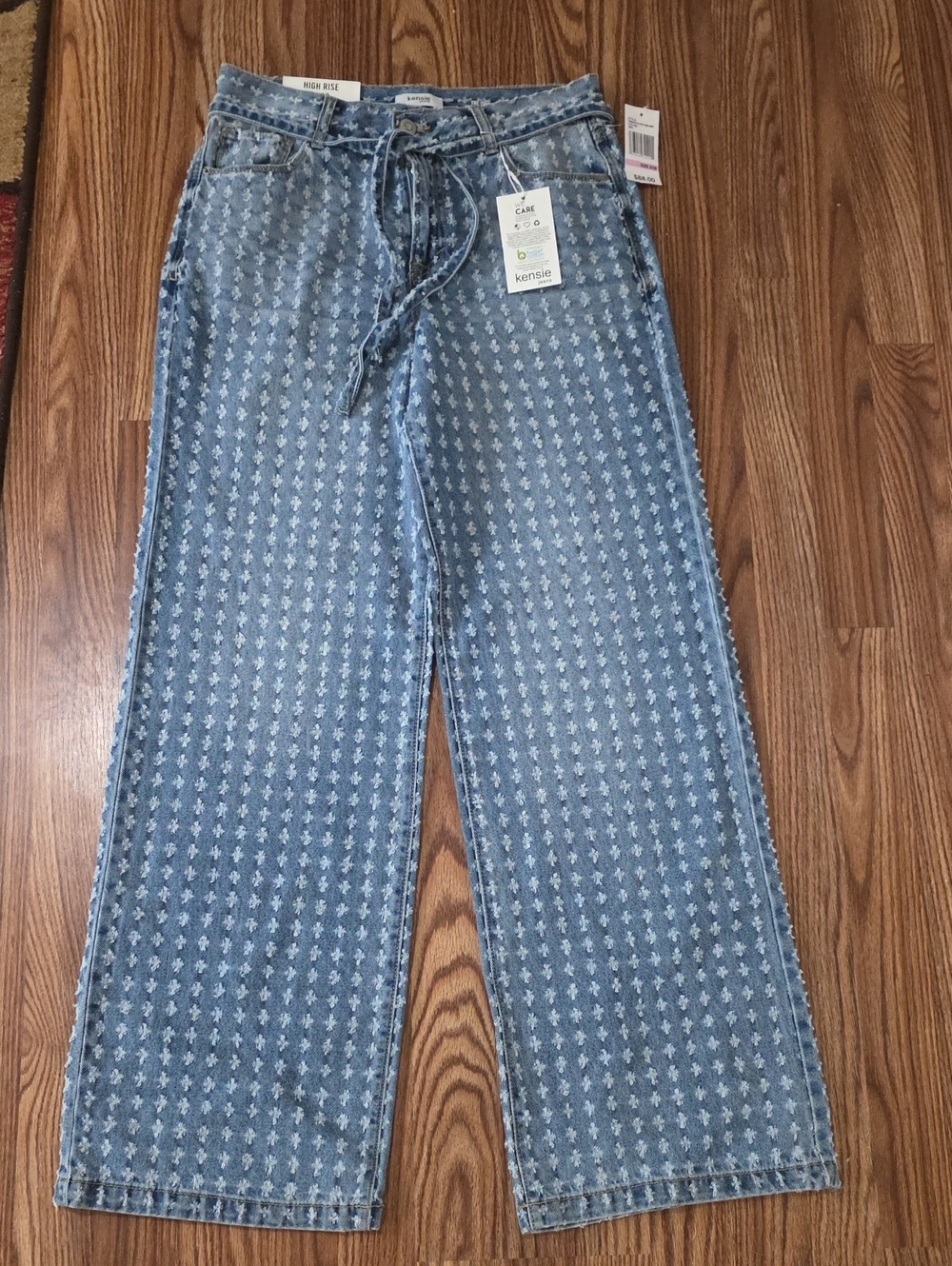 Kensie Blue Patterned Wide-Leg Tie-Waist Jeans